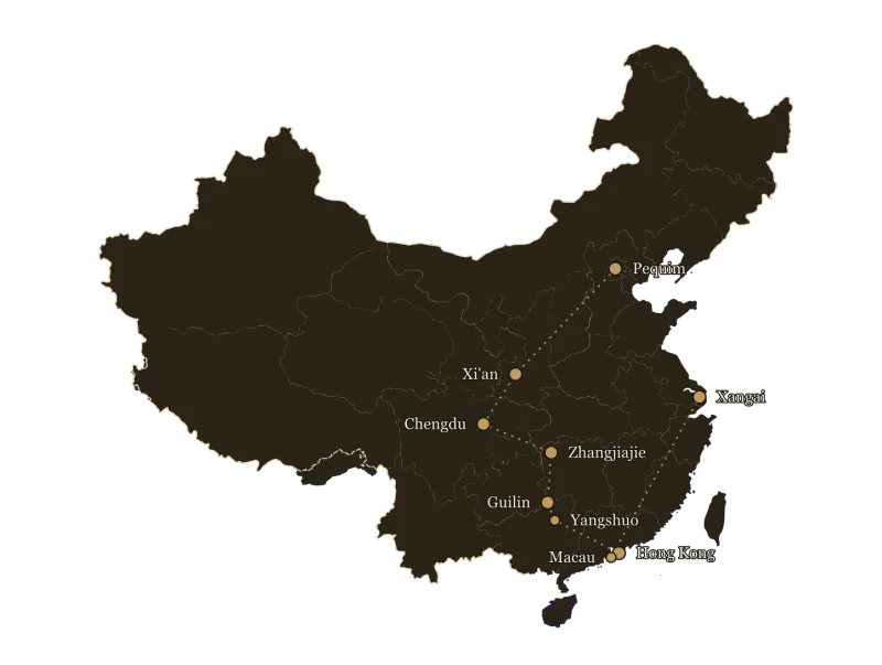 Mapa ilustrado da China com os destinos do roteiro China Milenar