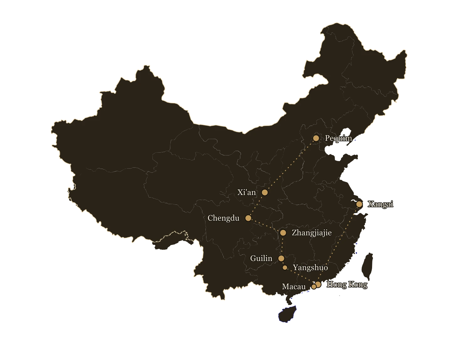 Mapa ilustrado da China com os destinos do roteiro China Milenar